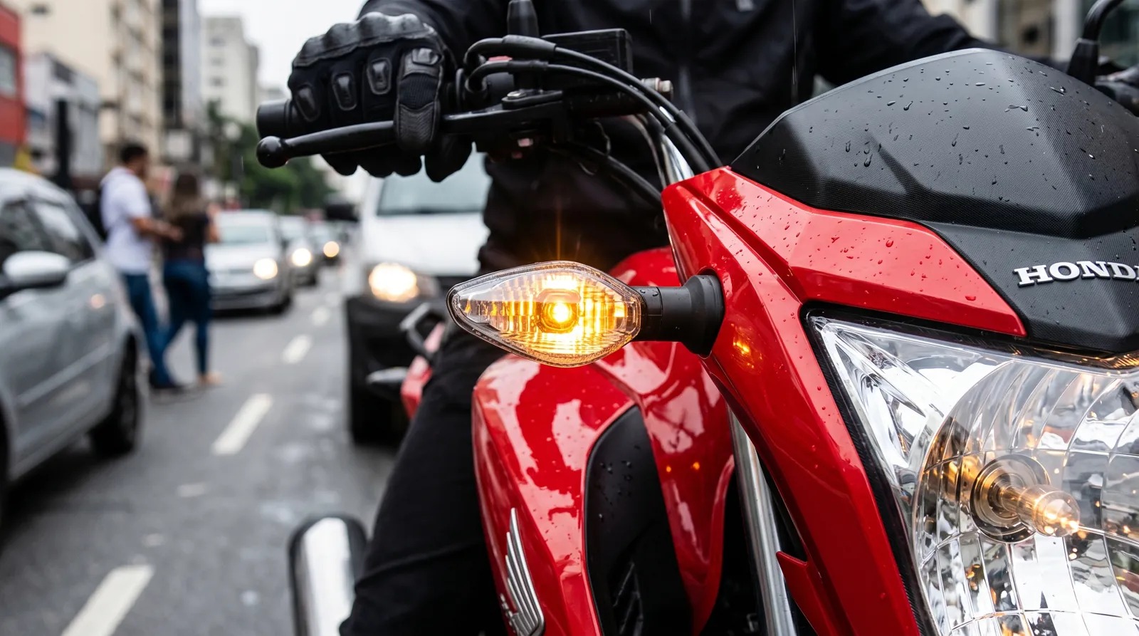 Moto com seta dianteira acionada em ambiente urbano